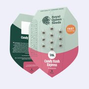 Candy Kush Express feminisierte Samen von Royal Queen Seeds in durchsichtiger Verpackung mit braunen Samen.