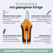 Ernteschere mit gebogener Klinge aus rostfreiem Stahl, ergonomischem Griff und selbstöffnender Feder für präzise Schnitte.