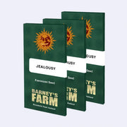 Jealousy Feminisierte Samen von Barneys Farm, drei Verpackungen auf einem weißen Hintergrund.