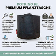 Infografik PotKing 16L Premium Pflanztasche: Vorteile wie atmungsaktives Gewebe, langlebige Griffe, hervorragende Drainage und optimale 16 Liter Größe für deinen Grow.
